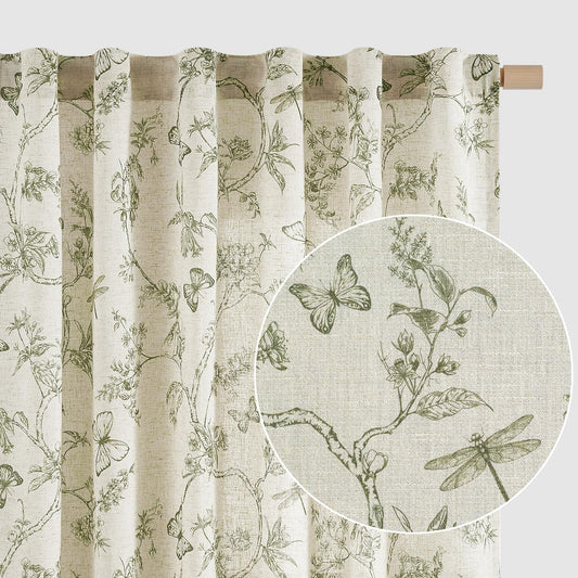 Lazzzy Green Floral Linen Curtains Farmhouse Rod Pocket 50W X 84L 2 Panels