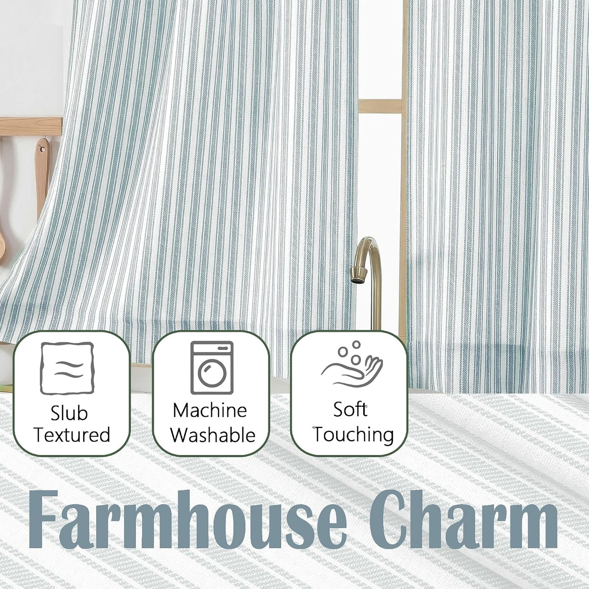 Chyhomenyc Striped Short Curtains 36 Inch Length - Light Filtering Faux Linen Living Room Tier Half Window Curtains, Farmhouse Modern Boho Curtain for Bathroom, 30Wx36L, 2 Pieces, Stone Blue