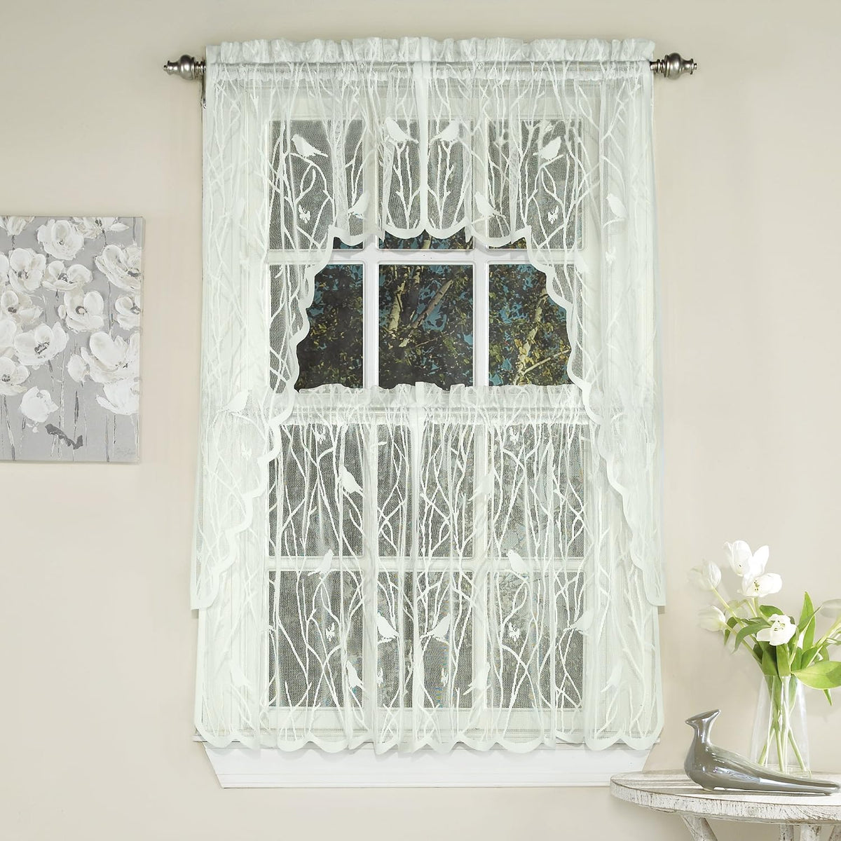 Sweet Home Collection Old World Style Floral Heavy Lace Kitchen Curtain Swag pair Hopewell Cream