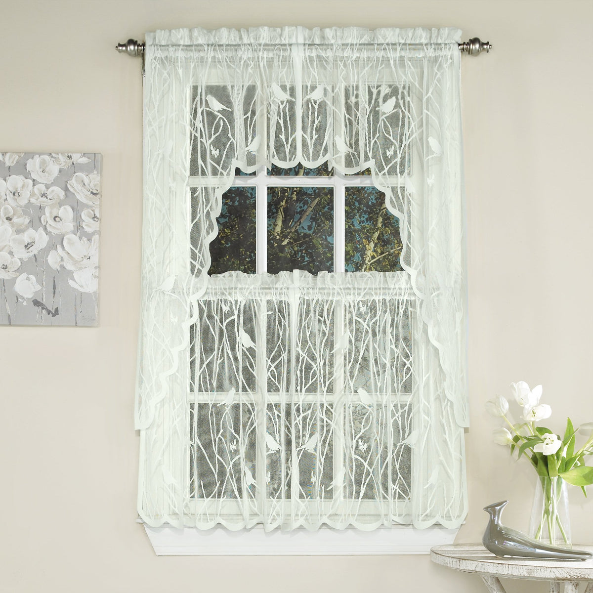 Sweet Home Collection Old World Style Floral Heavy Lace Kitchen Curtain Swag pair Hopewell Cream