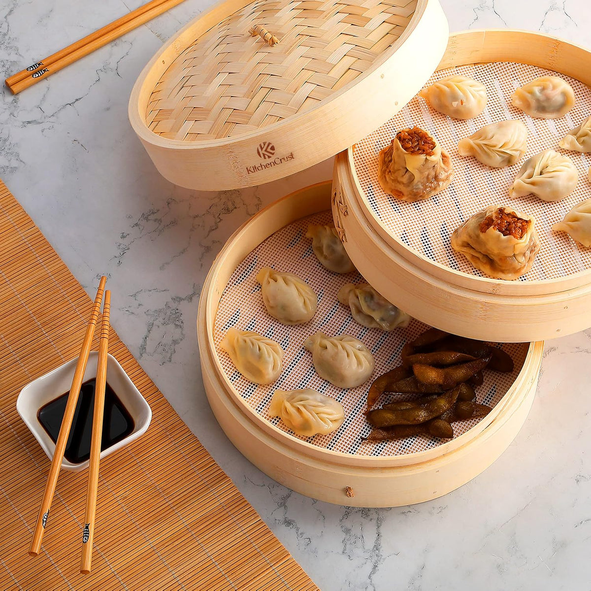 KitchenCrust Bamboo Steamer Basket 10 Inch, 2 Tier Dumpling Steamer Set