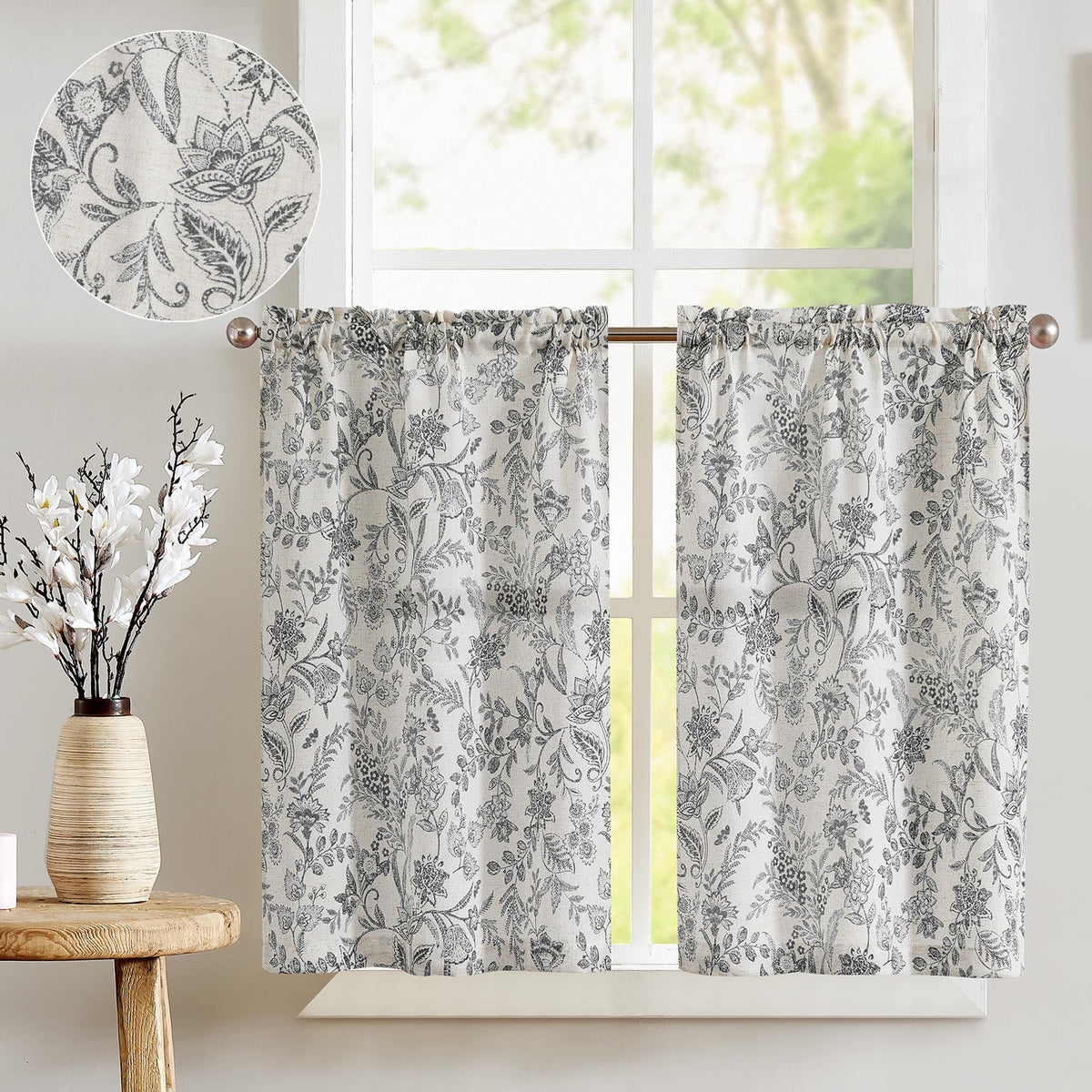 jinchan Floral Kitchen Tier Curtains 24 Inch 2 Panels Sage Green on Beige