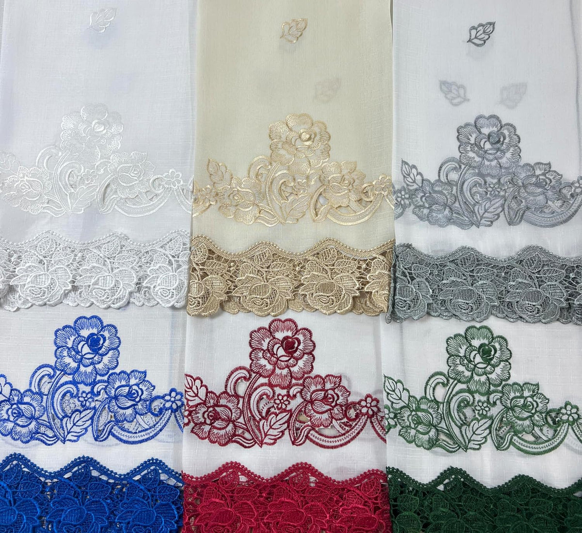GOHD Lace Rosarium Kitchen Curtains, 3PCS Kitchen Curtains and Valances Set, Elegant White Fabric with Rose Embroidery and Lace. (Grey, Swag and 22 inches Tiers Set)