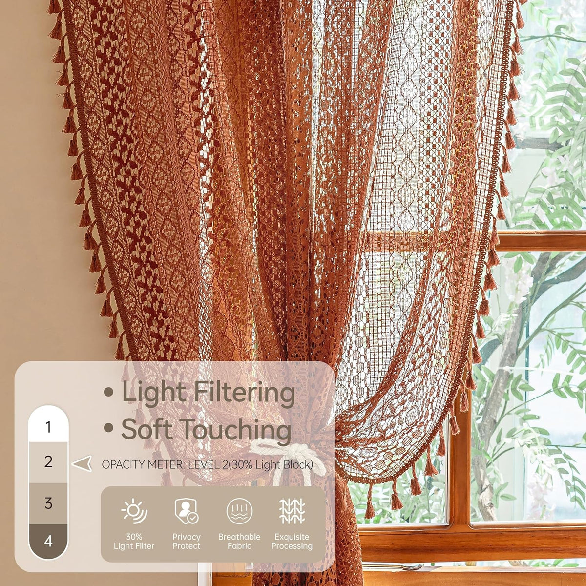 WAZZIO Boho Lace Over Sink Kitchen Curtains,2 Panel, W59 x L36,Burnt Orange