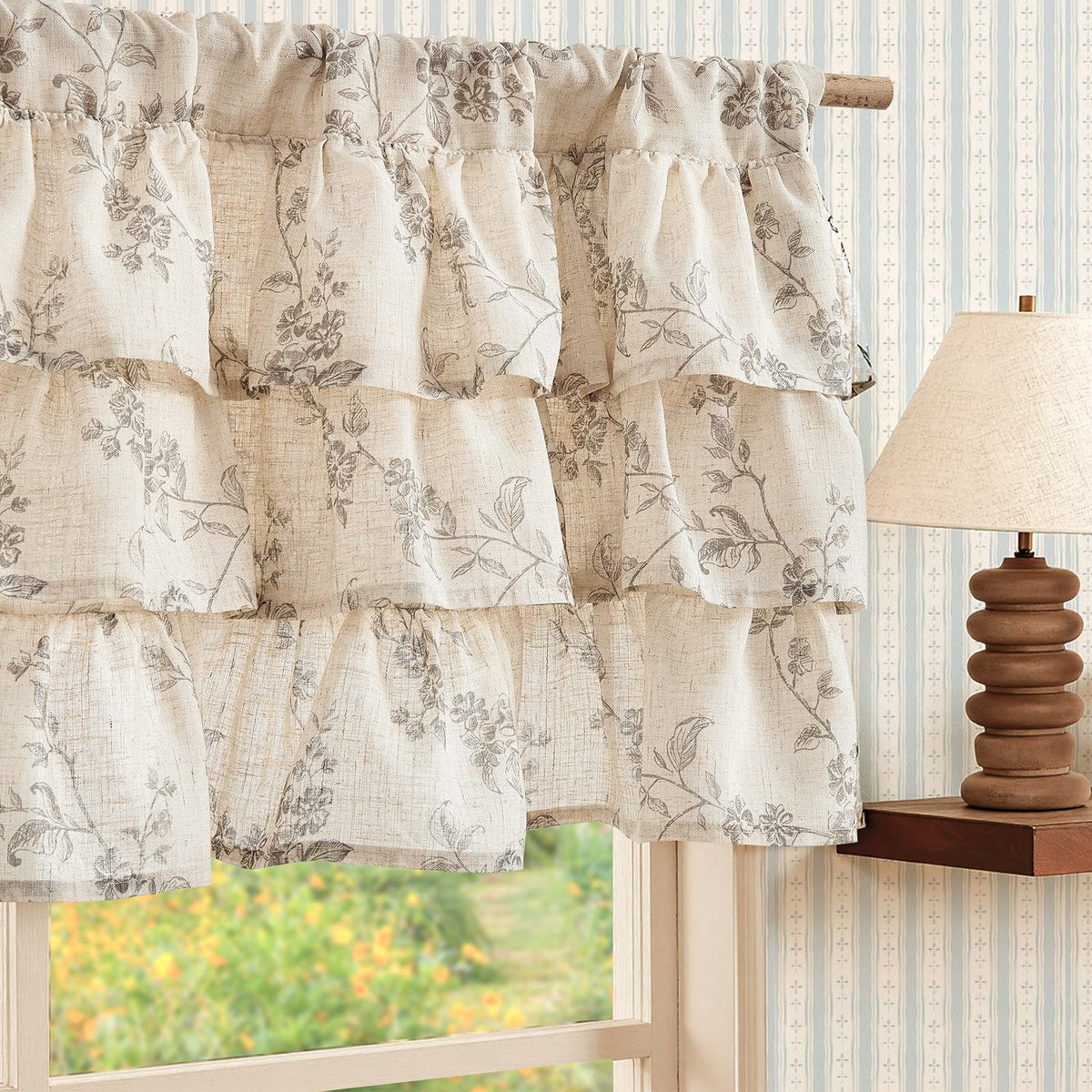 jinchan Alisa Ruffled Floral Valance Curtain 18 Inch 1 Panel Taupe on Linen