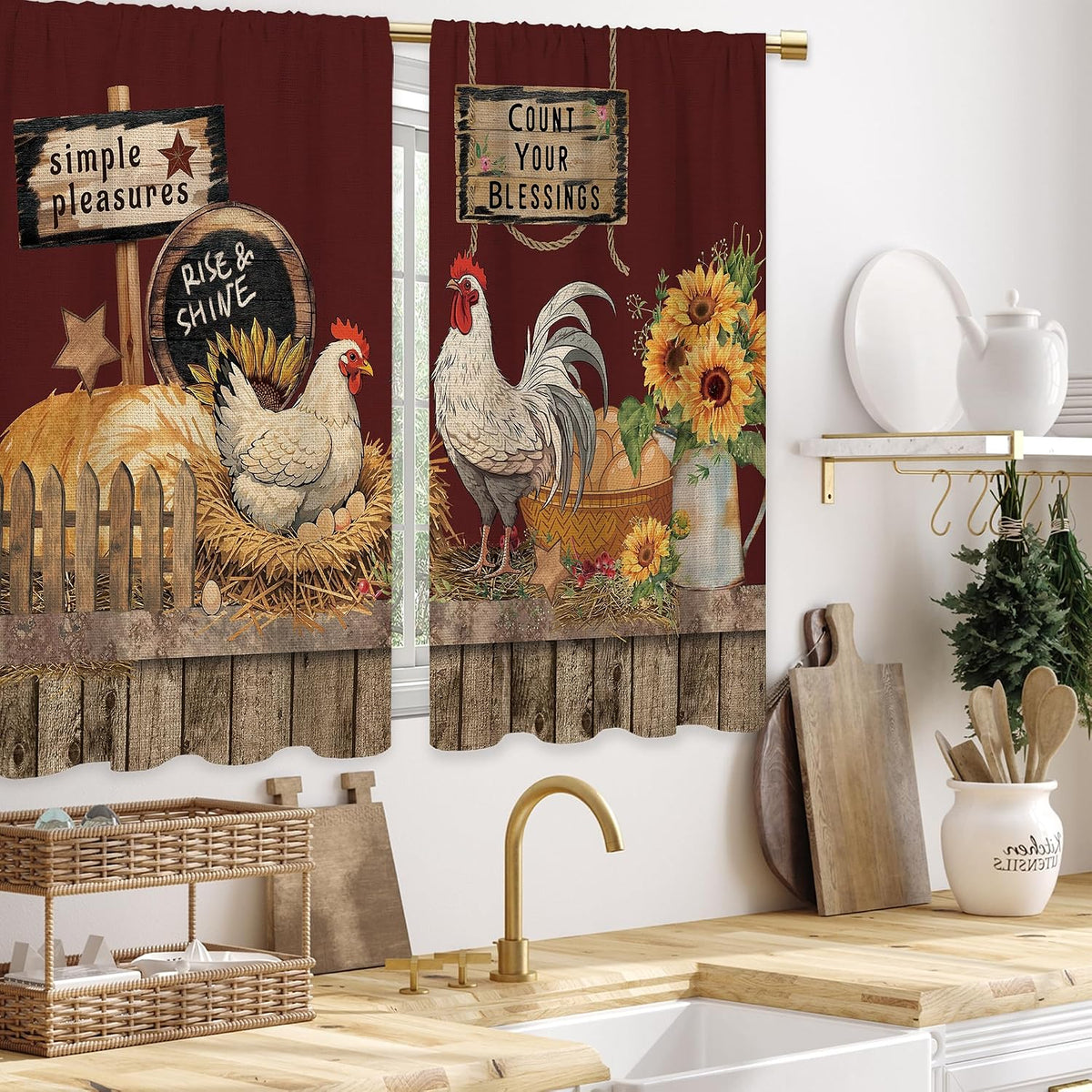 Farmhouse Rooster Kitchen Curtains Rustic Country Bathroom Curtains Window Treatment Drapes Tier Sunflower Vintage Cafe Small Bedroom Short French Door Curtains 2 Panels 27.5x39 Inch