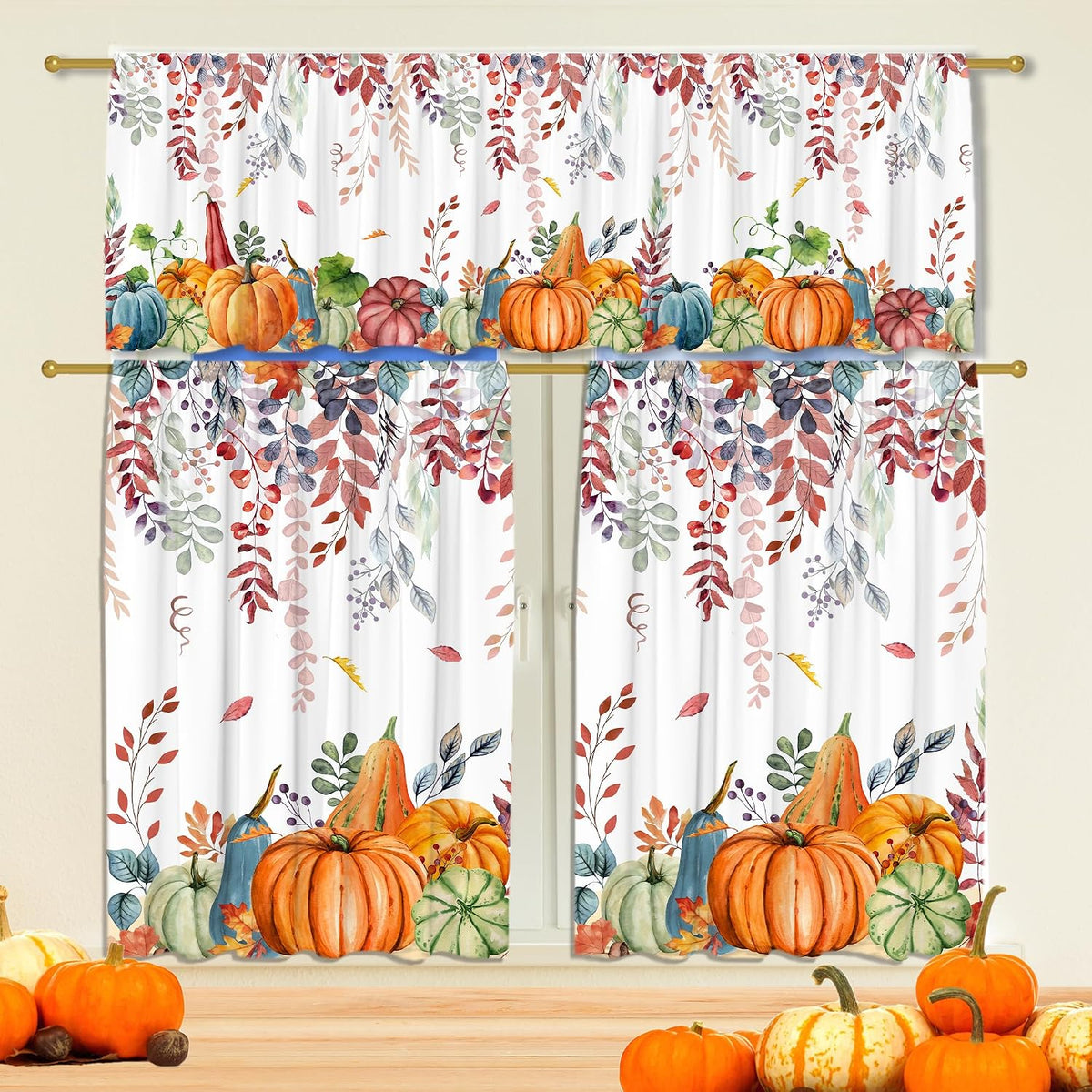 FUTBU Fall Kitchen Curtains for Windows-Fall Decorations Leaves Pumpkin Valances-Autumn Leaf Curtains and Valances Set Decor for Cafe Living Room 27''x24'' 2 Panel & 54x18 Inch Tier Set Thanksgiving