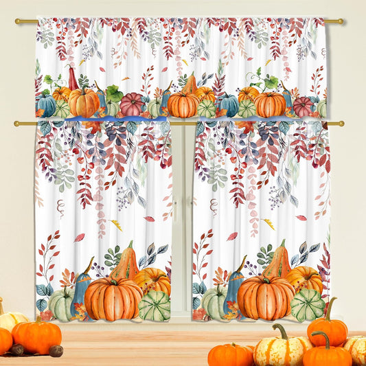 FUTBU Fall Kitchen Curtains for Windows-Fall Decorations Leaves Pumpkin Valances-Autumn Leaf Curtains and Valances Set Decor for Cafe Living Room 27''x24'' 2 Panel & 54x18 Inch Tier Set Thanksgiving