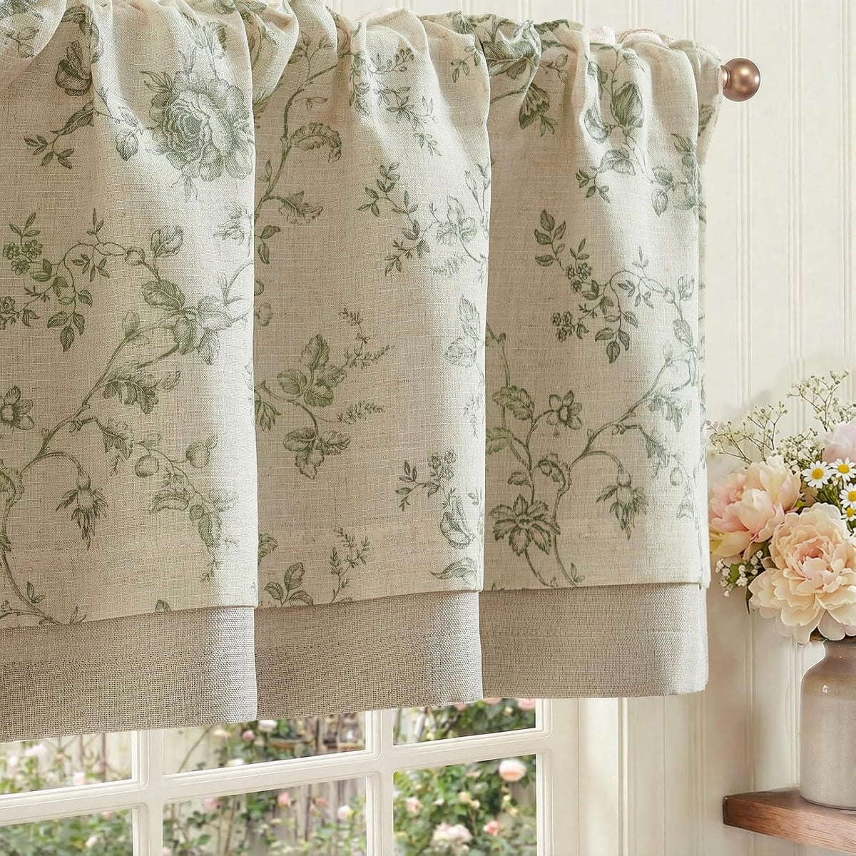 jinchan Amlie Floral Linen Valance Curtain Farmhouse 1 Panel 16 Inch Green