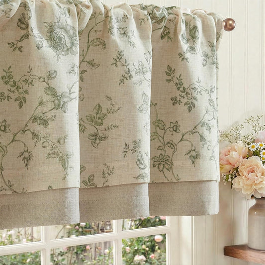 jinchan Amlie Floral Linen Valance Curtain Farmhouse 1 Panel 16 Inch Green
