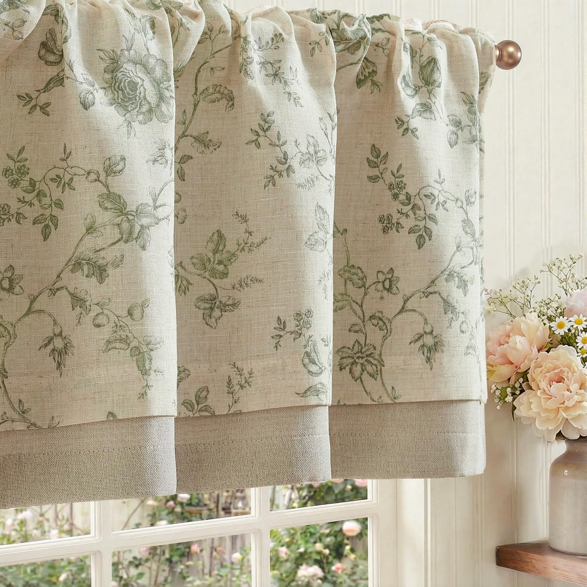 jinchan Amlie Floral Linen Valance Curtain Farmhouse 1 Panel 16 Inch Green