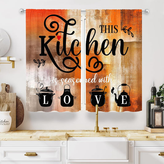 Abstract Burnt Orange Kitchen Curtains 27.5W x 39H Inch Vintage 2 Panels