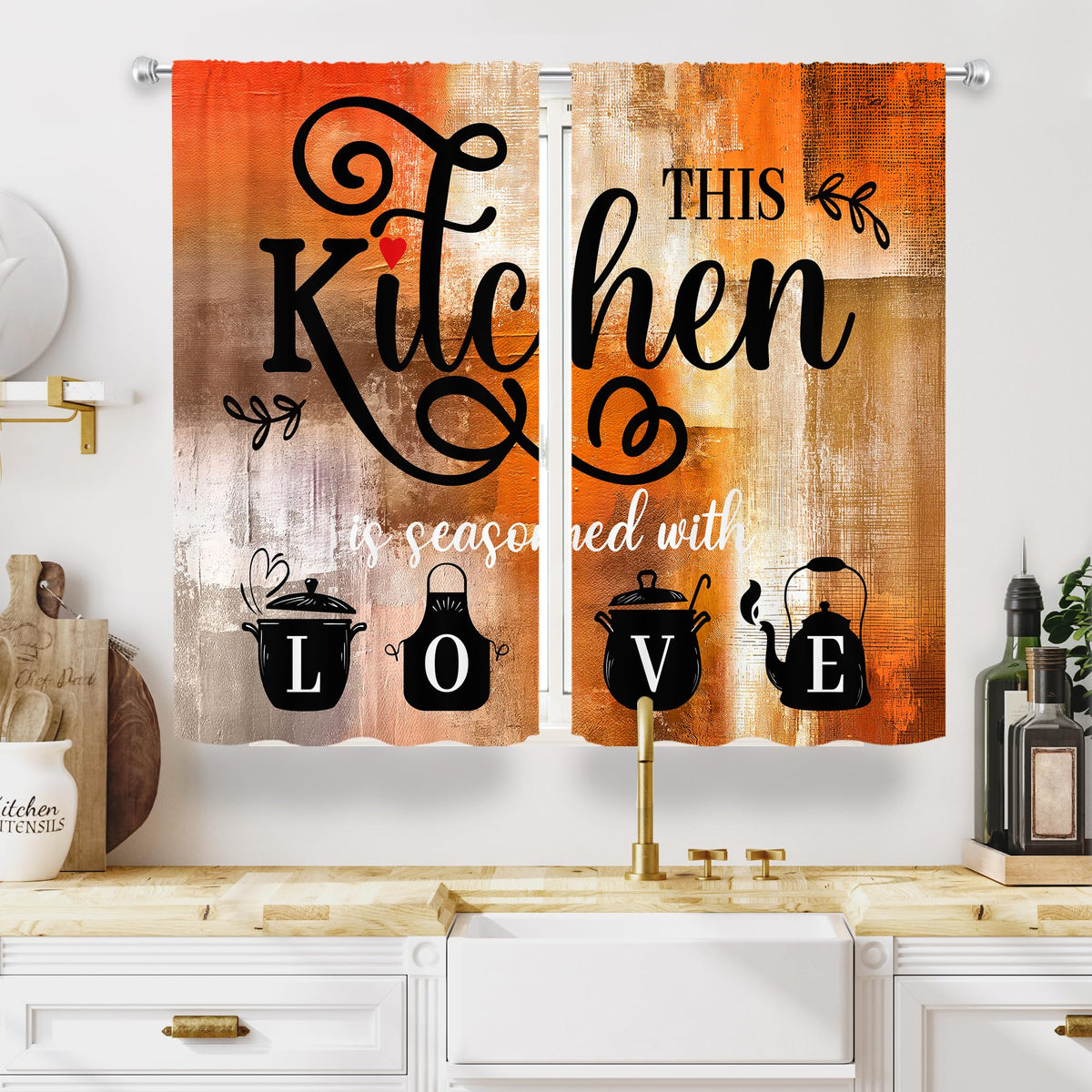 Abstract Burnt Orange Kitchen Curtains 27.5W x 39H Inch Vintage 2 Panels