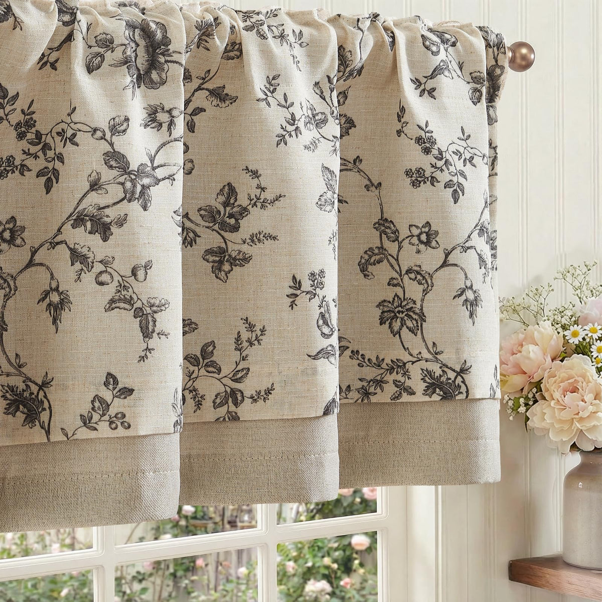jinchan Amlie Floral Linen Valance Curtain Farmhouse 1 Panel 16 Inch Green