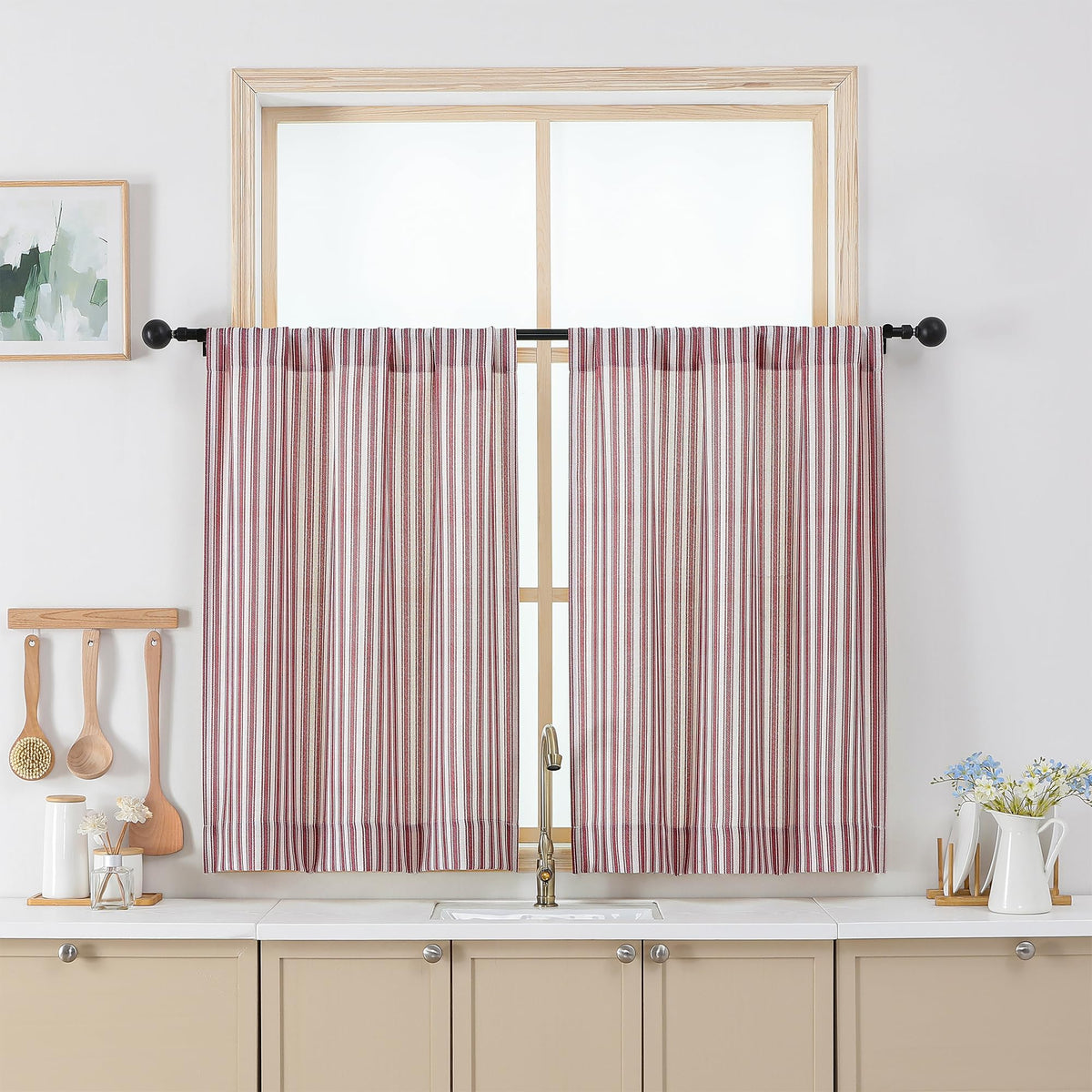Chyhomenyc Striped Short Curtains 36 Inch Length - Light Filtering Faux Linen Living Room Tier Half Window Curtains, Farmhouse Modern Boho Curtain for Bathroom, 30Wx36L, 2 Pieces, Stone Blue