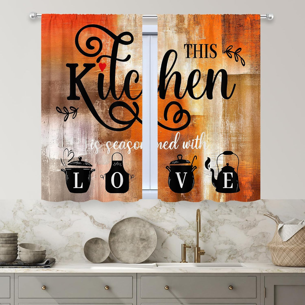 Abstract Burnt Orange Kitchen Curtains 27.5W x 39H Inch Vintage 2 Panels