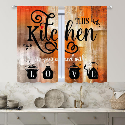 Abstract Burnt Orange Kitchen Curtains 27.5W x 39H Inch Vintage 2 Panels