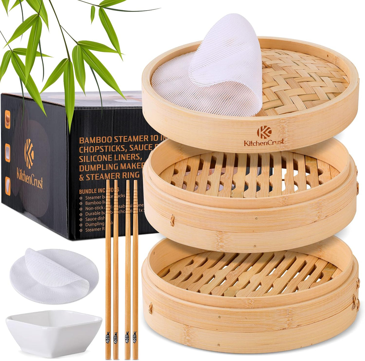 KitchenCrust Bamboo Steamer Basket 10 Inch, 2 Tier Dumpling Steamer Set