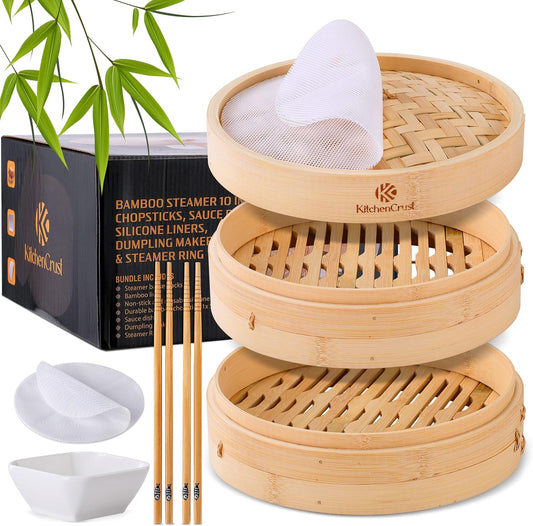 KitchenCrust Bamboo Steamer Basket 10 Inch, 2 Tier Dumpling Steamer Set