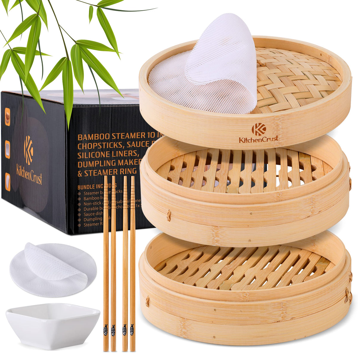 KitchenCrust Bamboo Steamer Basket 10 Inch, 2 Tier Dumpling Steamer Set