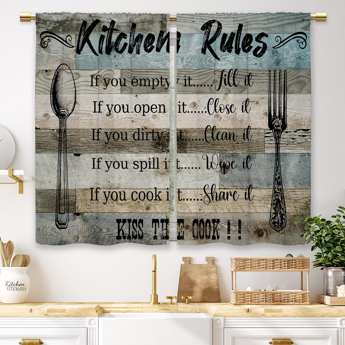 Teal Farmhouse Daisy Kitchen Curtains Wooden Flower Small Short Cafe Window Curtains Rustic Floral Butterfly Country Bathroom Drapes Treatment Tier Curtains 2 Panels (27.5x39 Inch)