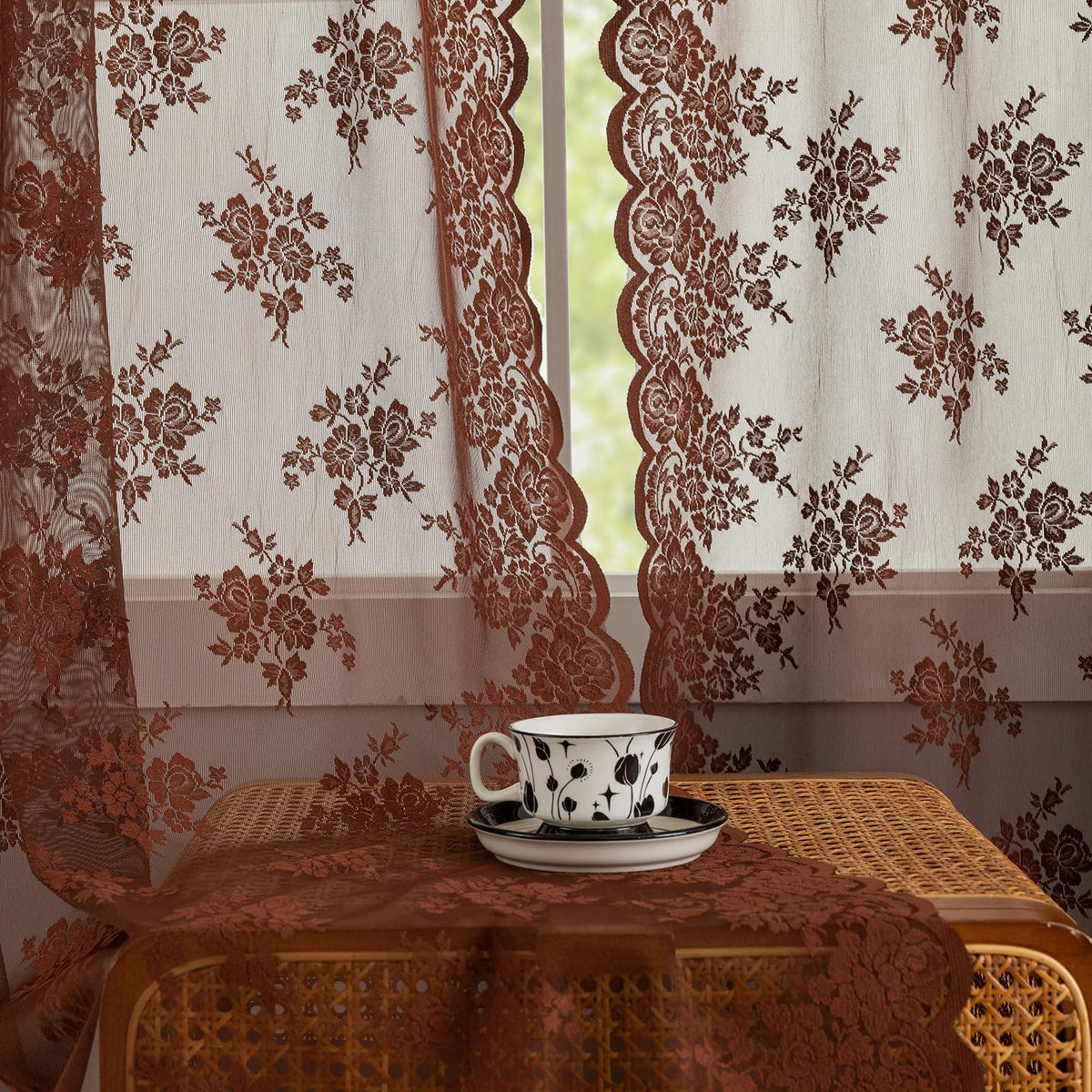 Kotile Short Beige Lace Curtains for Kitchen Windows W42xL45 Inch, 2 Panels
