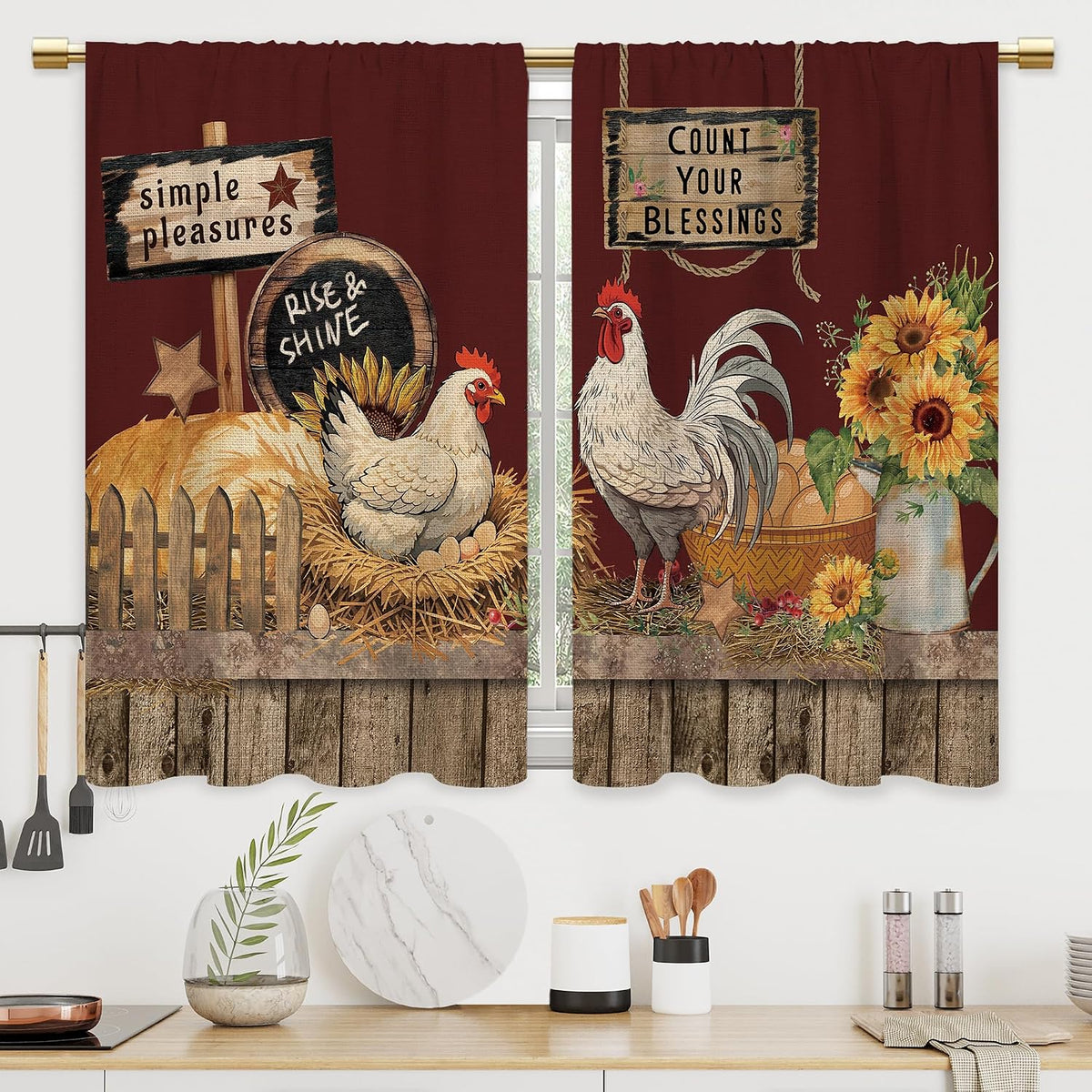 Farmhouse Rooster Kitchen Curtains Rustic Country Bathroom Curtains Window Treatment Drapes Tier Sunflower Vintage Cafe Small Bedroom Short French Door Curtains 2 Panels 27.5x39 Inch