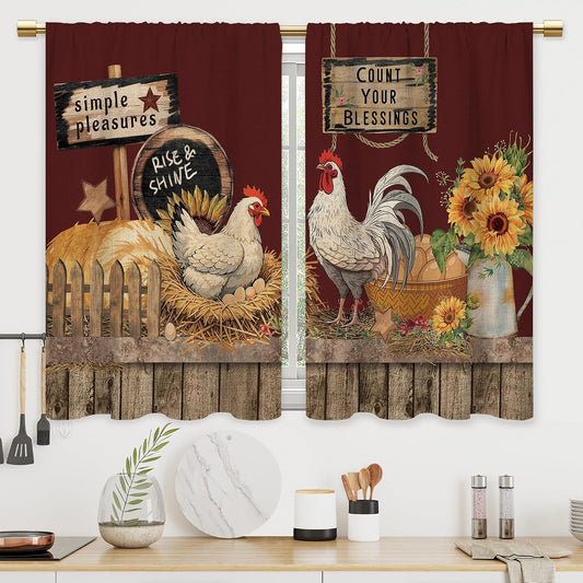 Farmhouse Rooster Kitchen Curtains Rustic Country Bathroom Curtains Window Treatment Drapes Tier Sunflower Vintage Cafe Small Bedroom Short French Door Curtains 2 Panels 27.5x39 Inch
