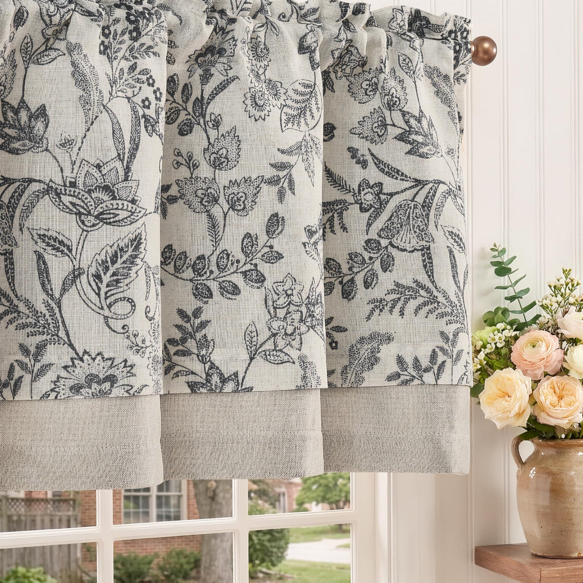 jinchan Floral Linen Kitchen Valance Curtain, 50x16, 1 Panel, Black