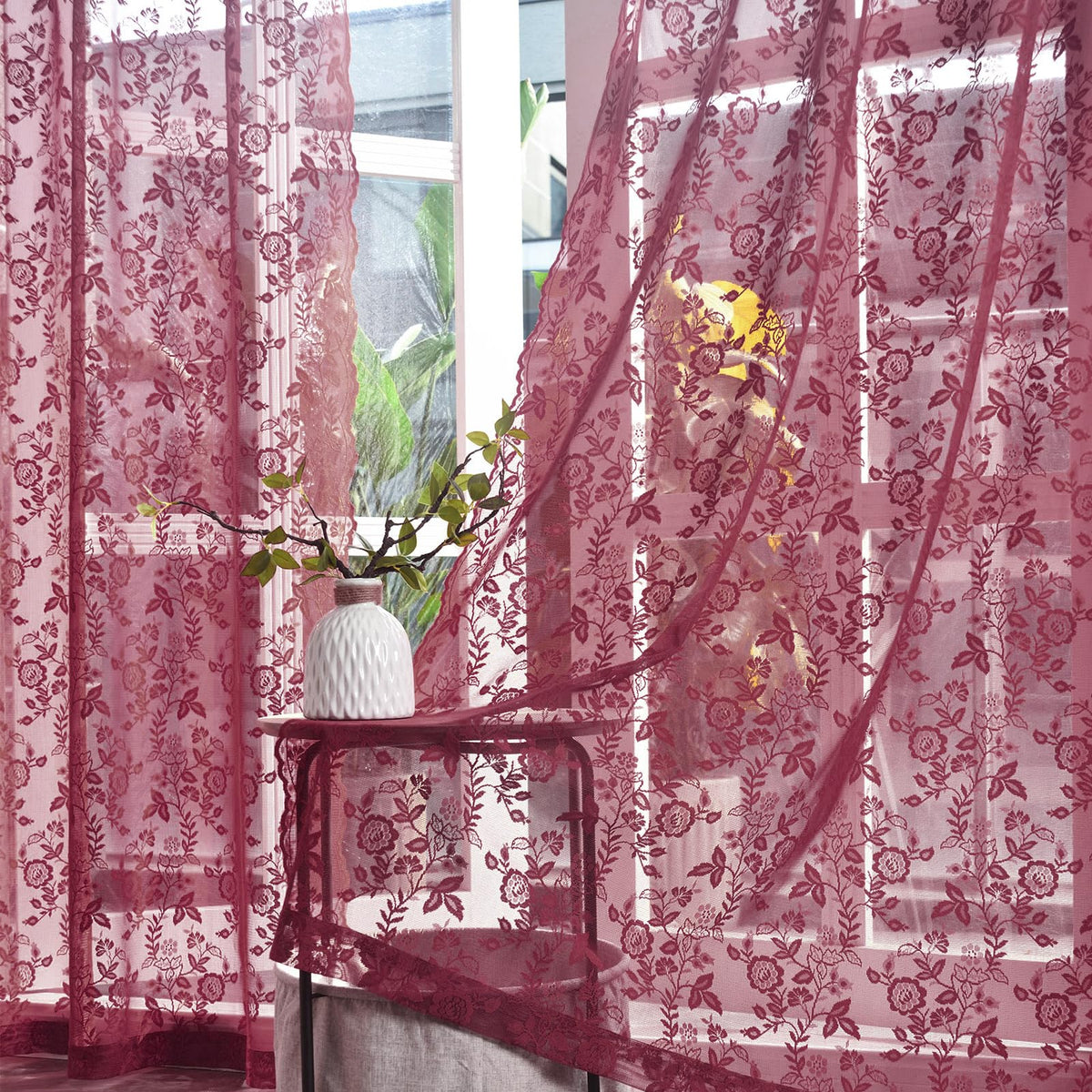 FINECITY Short Beige Lace Curtains Rustic Leaf Floral W42xL36 Inch 2 Panels