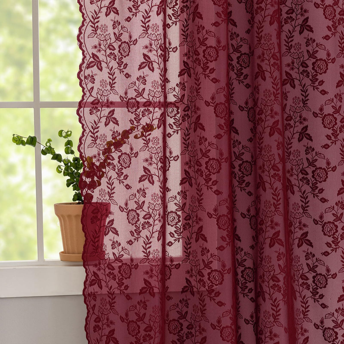 FINECITY Short Beige Lace Curtains Rustic Leaf Floral W42xL36 Inch 2 Panels