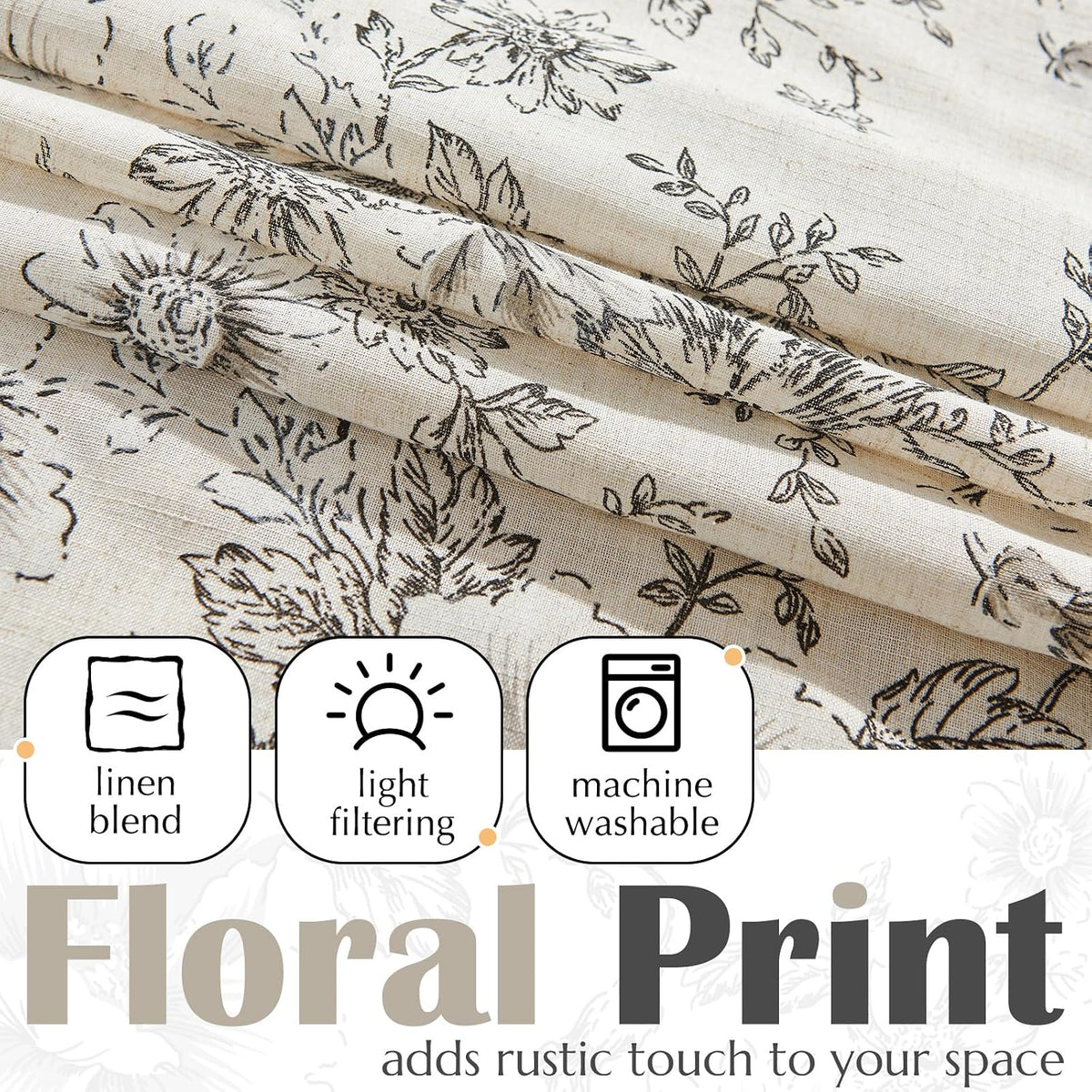 jinchan Floral Linen Kitchen Valance Curtain, 50x16, 1 Panel, Black