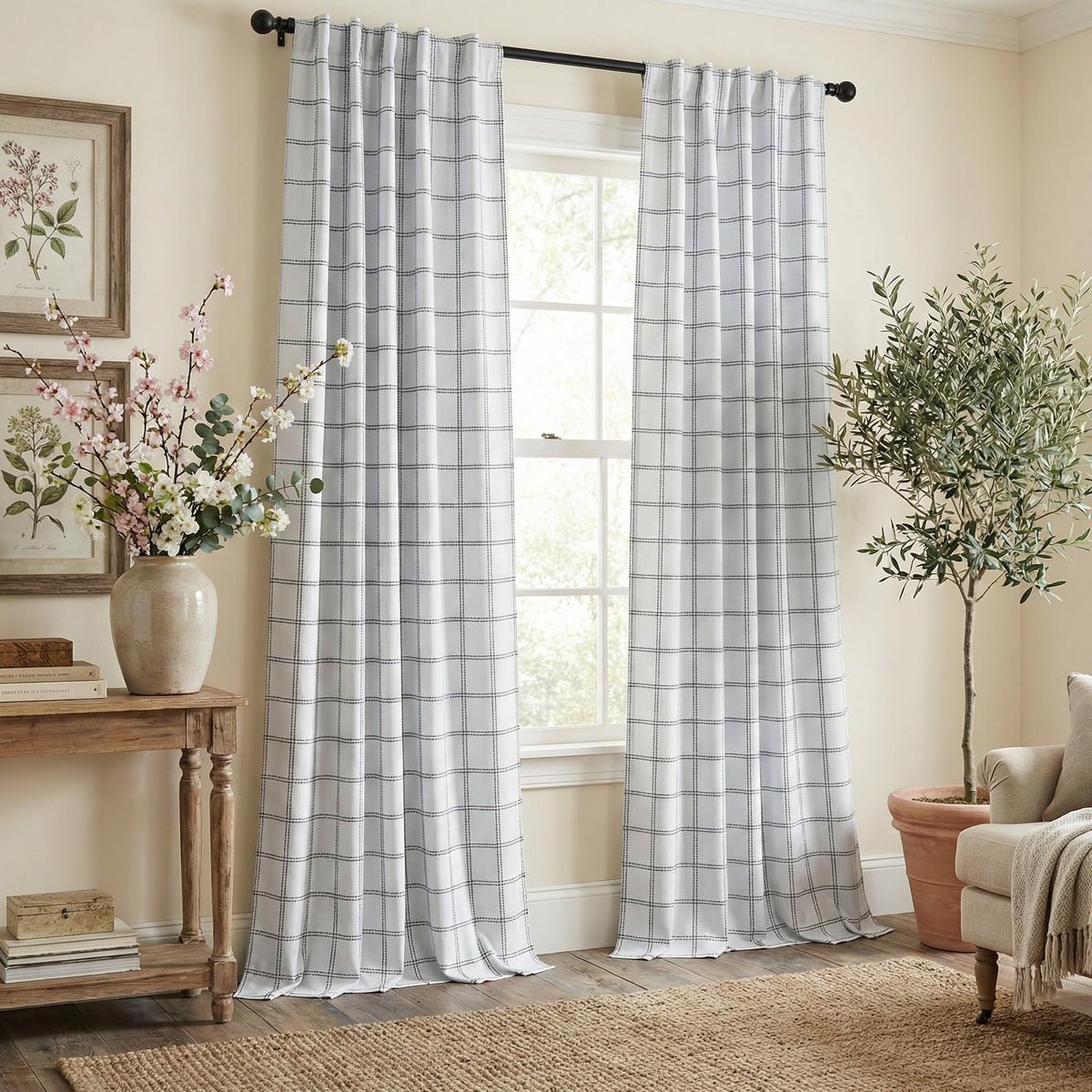 NICETOWN Olive Green Farmhouse Gingham Tiers Kitchen 100% Blackout Curtains