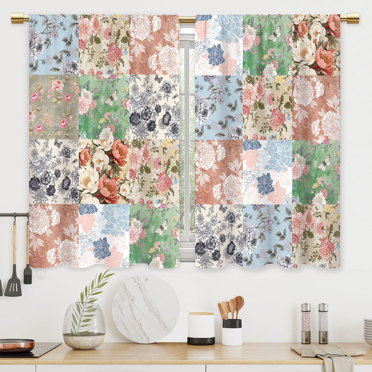 Colorful Leaves Kitchen Curtains Boho Botanical Bathroom Curtains Window Treatment Drapes Tier Flower Floral Cafe Small Bedroom Short French Door Curtains Rod Pocket 2 Panels 27.5x39 Inch
