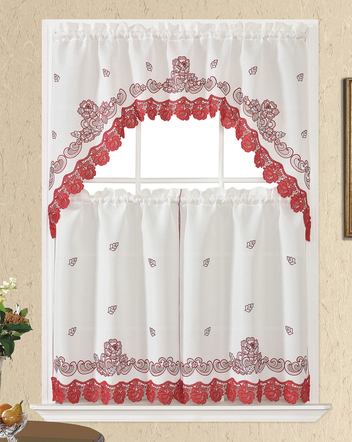 GOHD Lace Rosarium Kitchen Curtains, 3PCS Kitchen Curtains and Valances Set, Elegant White Fabric with Rose Embroidery and Lace. (Grey, Swag and 22 inches Tiers Set)
