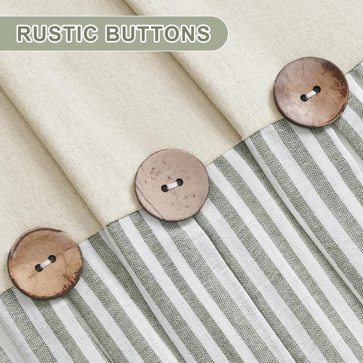 BLEUM CADE Farmhouse Kitchen Curtains 36 Inch, Cotton Linen Cafe Curtains with Rustic Buttons, Boho Small Window Curtains for Bathroom, Green Stripe Half Window Drapes Over Sink, 2 Panels