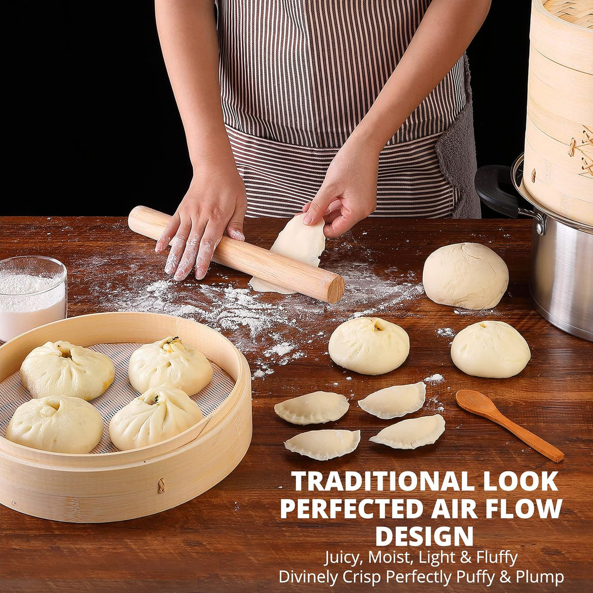 KitchenCrust Bamboo Steamer Basket 10 Inch, 2 Tier Dumpling Steamer Set