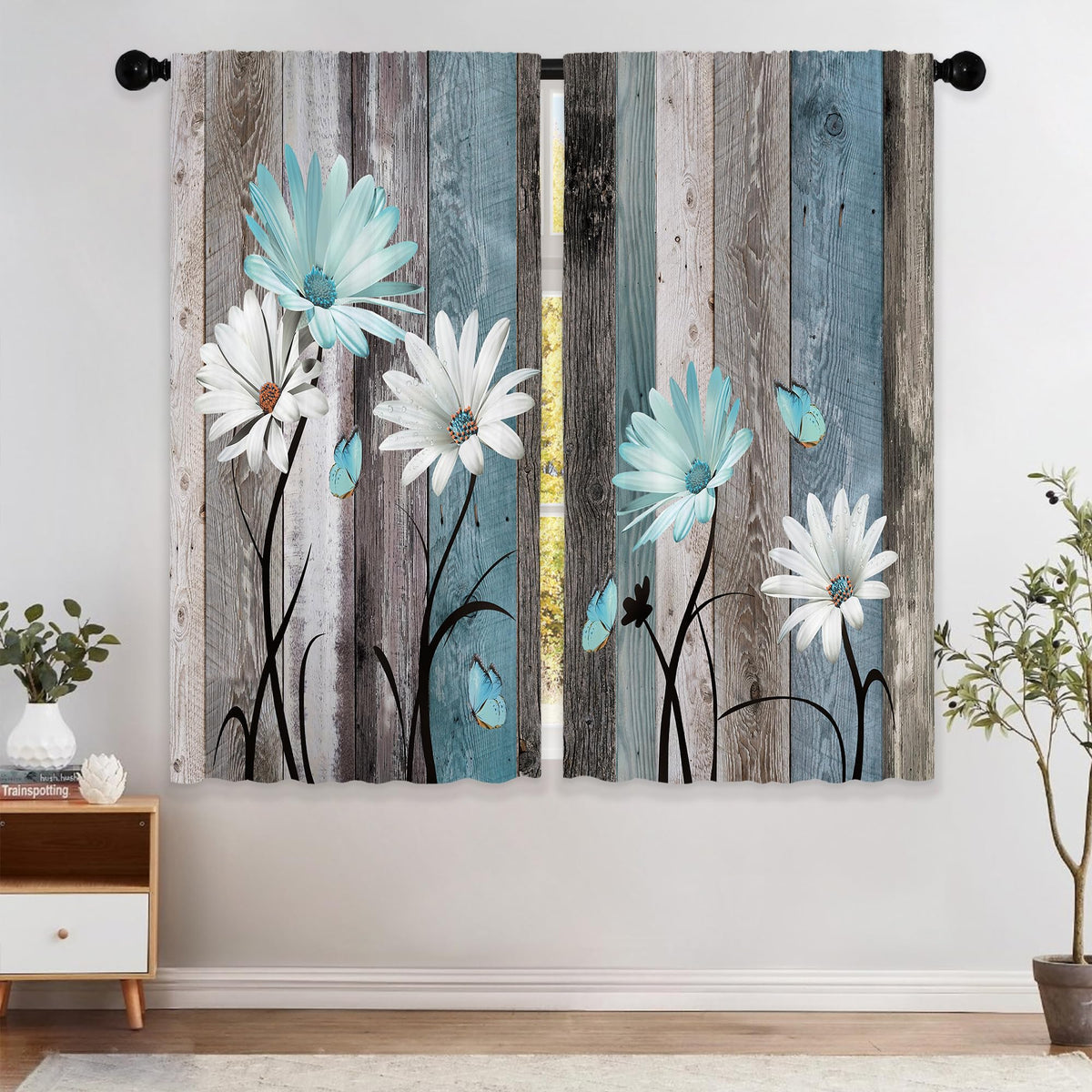 Teal Farmhouse Daisy Kitchen Curtains Wooden Flower Small Short Cafe Window Curtains Rustic Floral Butterfly Country Bathroom Drapes Treatment Tier Curtains 2 Panels (27.5x39 Inch)