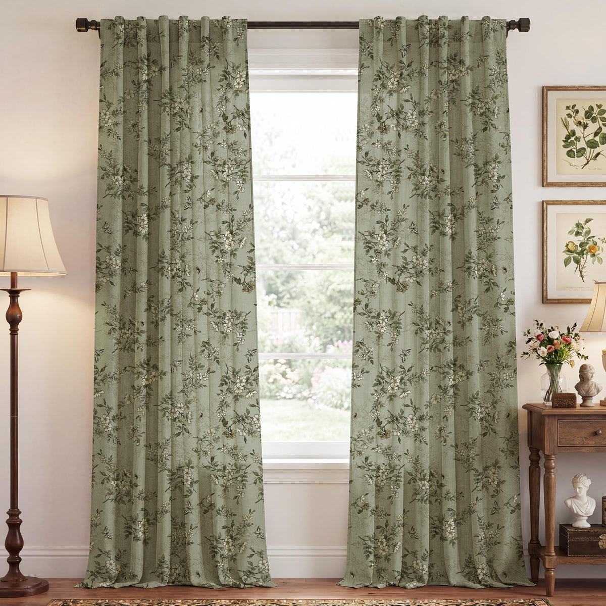 NICETOWN Sage Green Floral Linen Curtains Cafe Curtains, W26 x L36