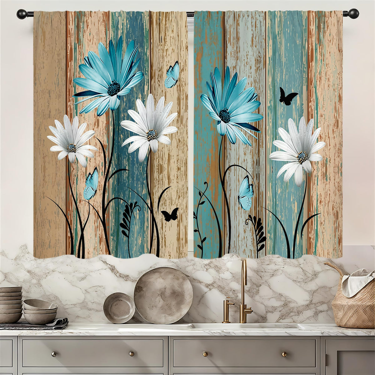 Yellow Sunflower Kitchen Curtains 42W X 63L Inch 2 Panels Rod Pocket Country Rustic Floral Flower Butterfly Farmhouse Over Sink Small Short Cafe Tier Window Treatment Bathroom Decor