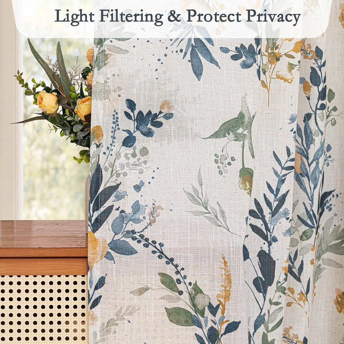 MYSKY HOME Floral Linen Kitchen Tier Curtains 36 Inch Long 2 Panels