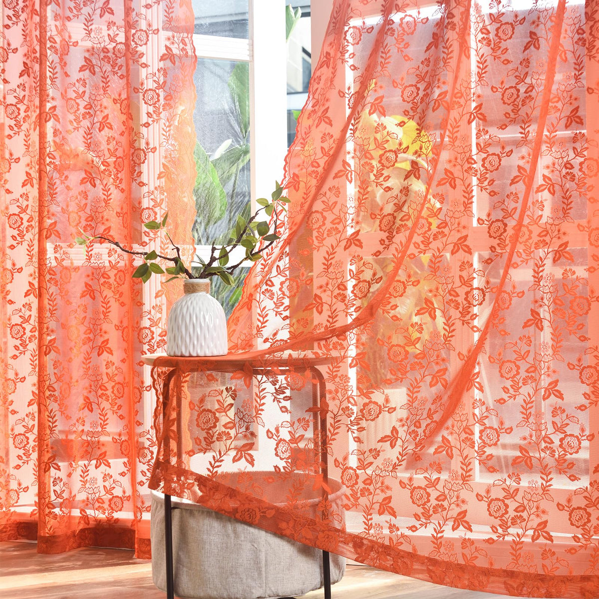 FINECITY Short Beige Lace Curtains Rustic Leaf Floral W42xL36 Inch 2 Panels