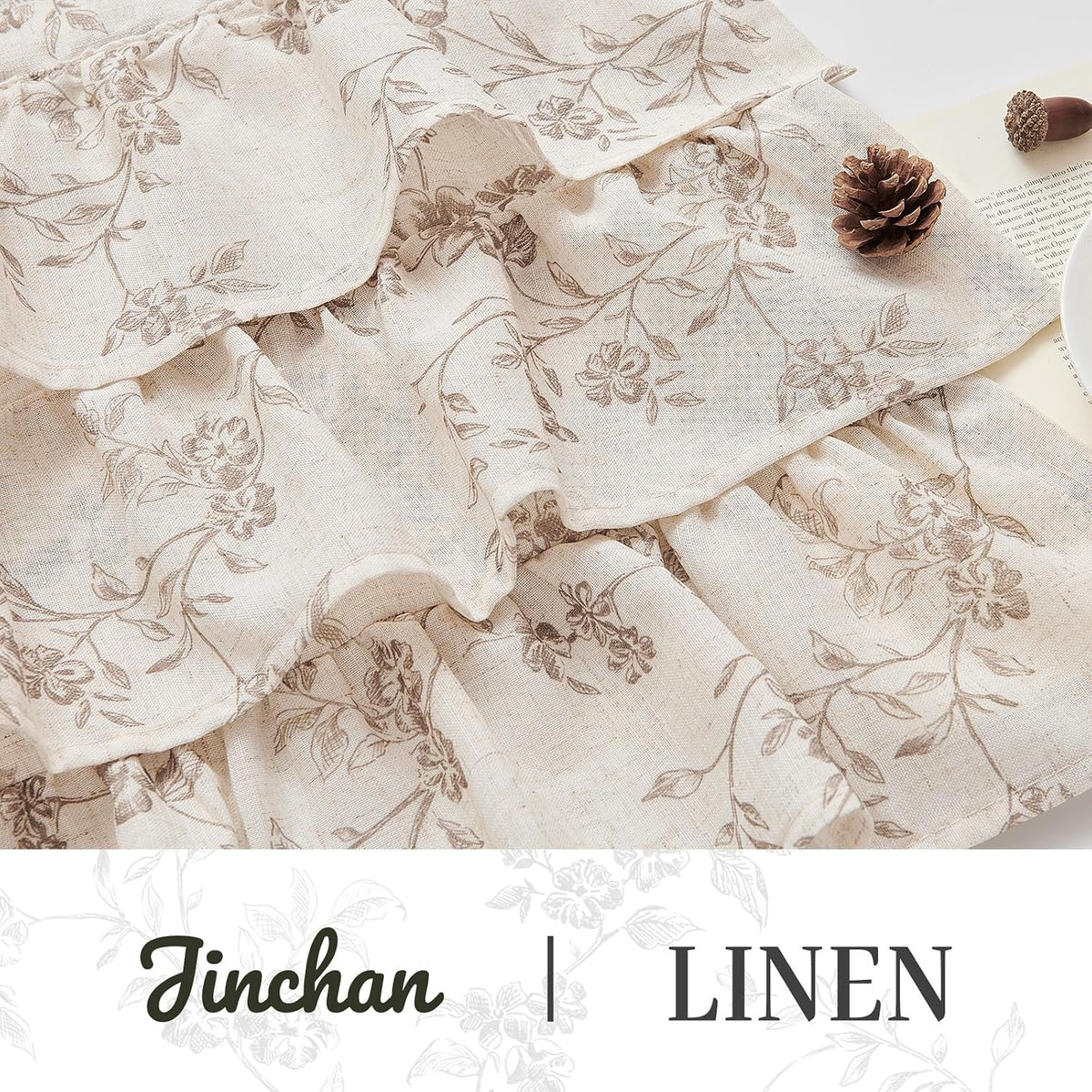 jinchan Alisa Ruffled Floral Valance Curtain 18 Inch 1 Panel Taupe on Linen
