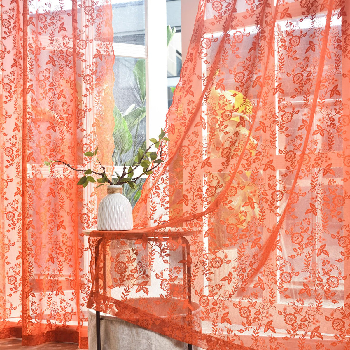 FINECITY Short Beige Lace Curtains Rustic Leaf Floral W42xL36 Inch 2 Panels