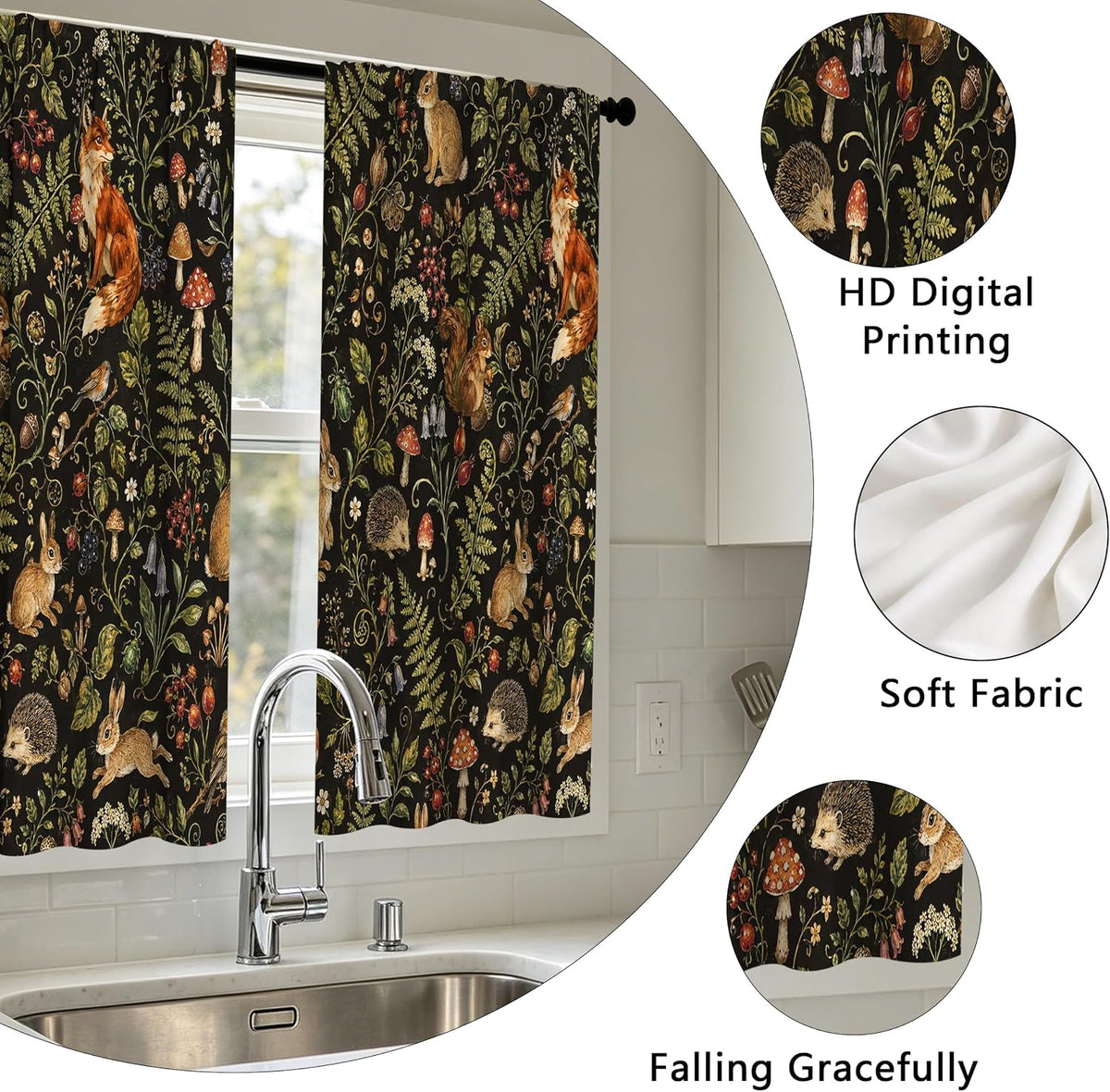 Mushroom Kitchen Curtains Window Drapes Tiers 2 Panels 28"x36"