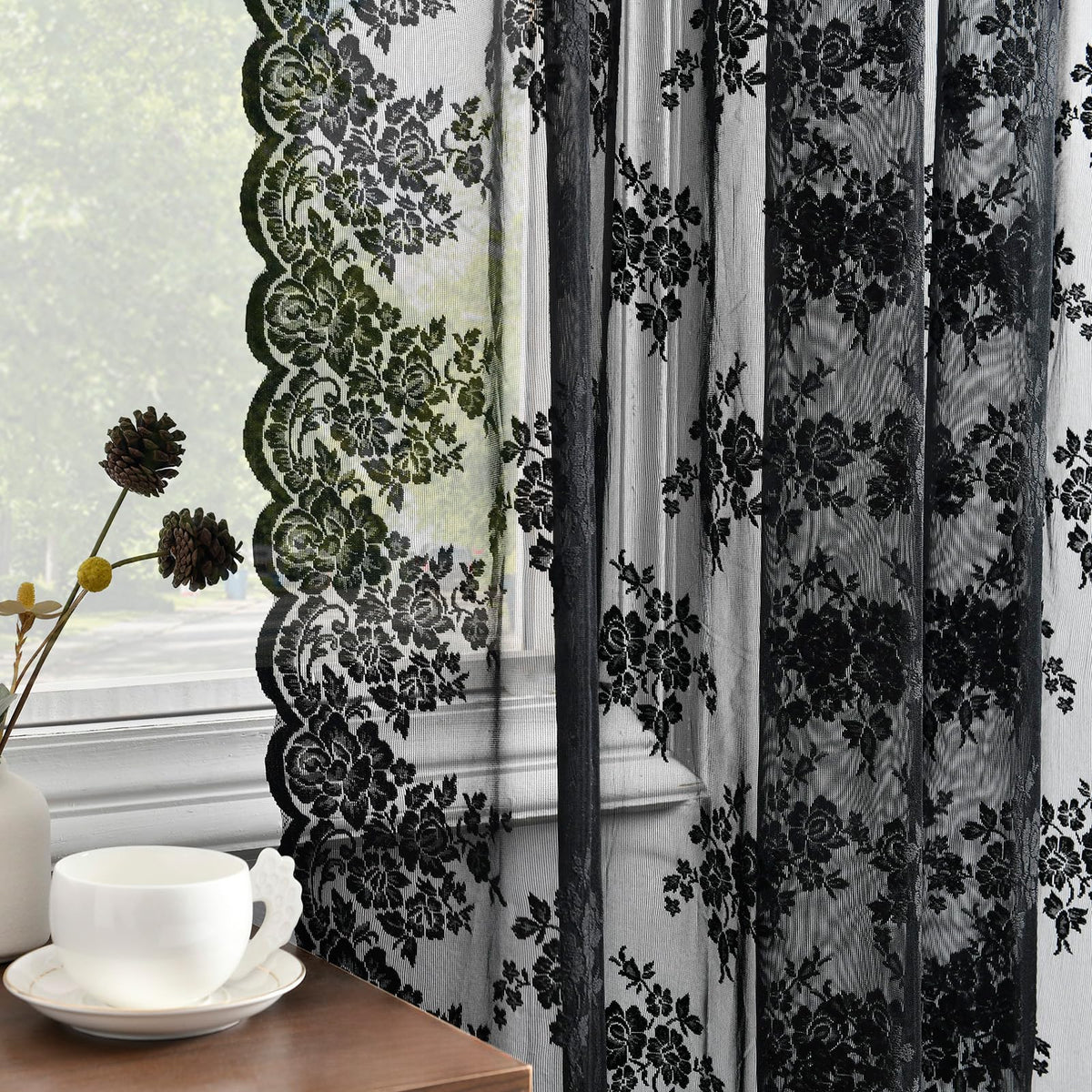 Kotile Short Beige Lace Curtains for Kitchen Windows W42xL45 Inch, 2 Panels