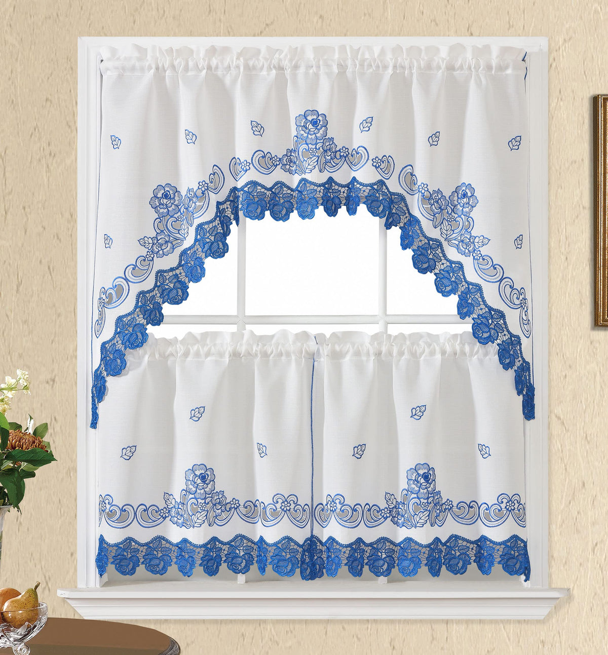 GOHD Lace Rosarium Kitchen Curtains, 3PCS Kitchen Curtains and Valances Set, Elegant White Fabric with Rose Embroidery and Lace. (Grey, Swag and 22 inches Tiers Set)