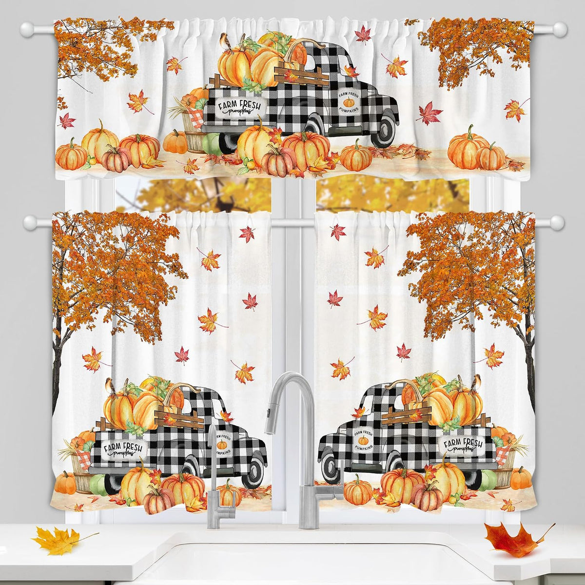 Hexagram Fall Curtains for Kitchen 3 Piece Set, 54x36 Inch