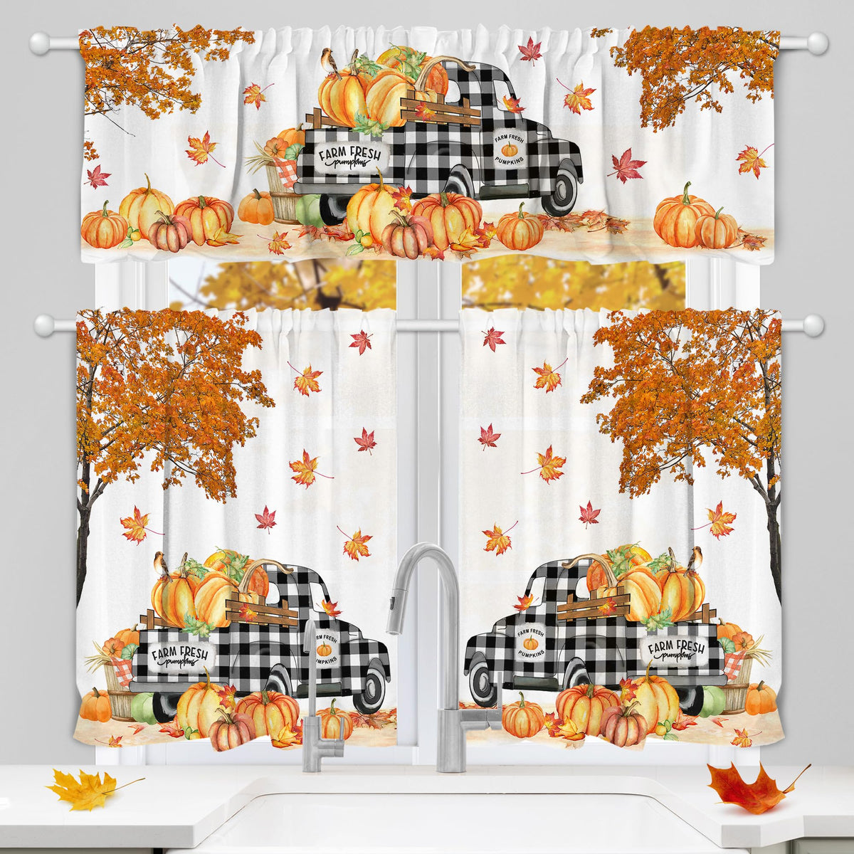 Hexagram Fall Curtains for Kitchen 3 Piece Set, 54x36 Inch