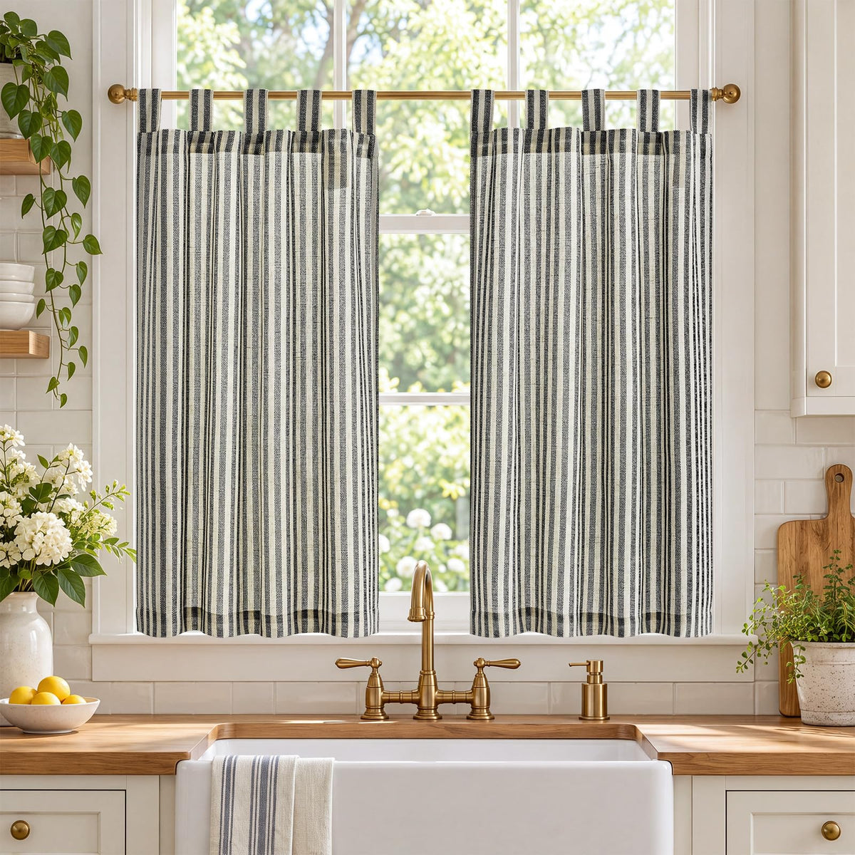 jinchan Striped Linen Kitchen Tier Curtains, 30 Inch, Sage Green, 2 Panels